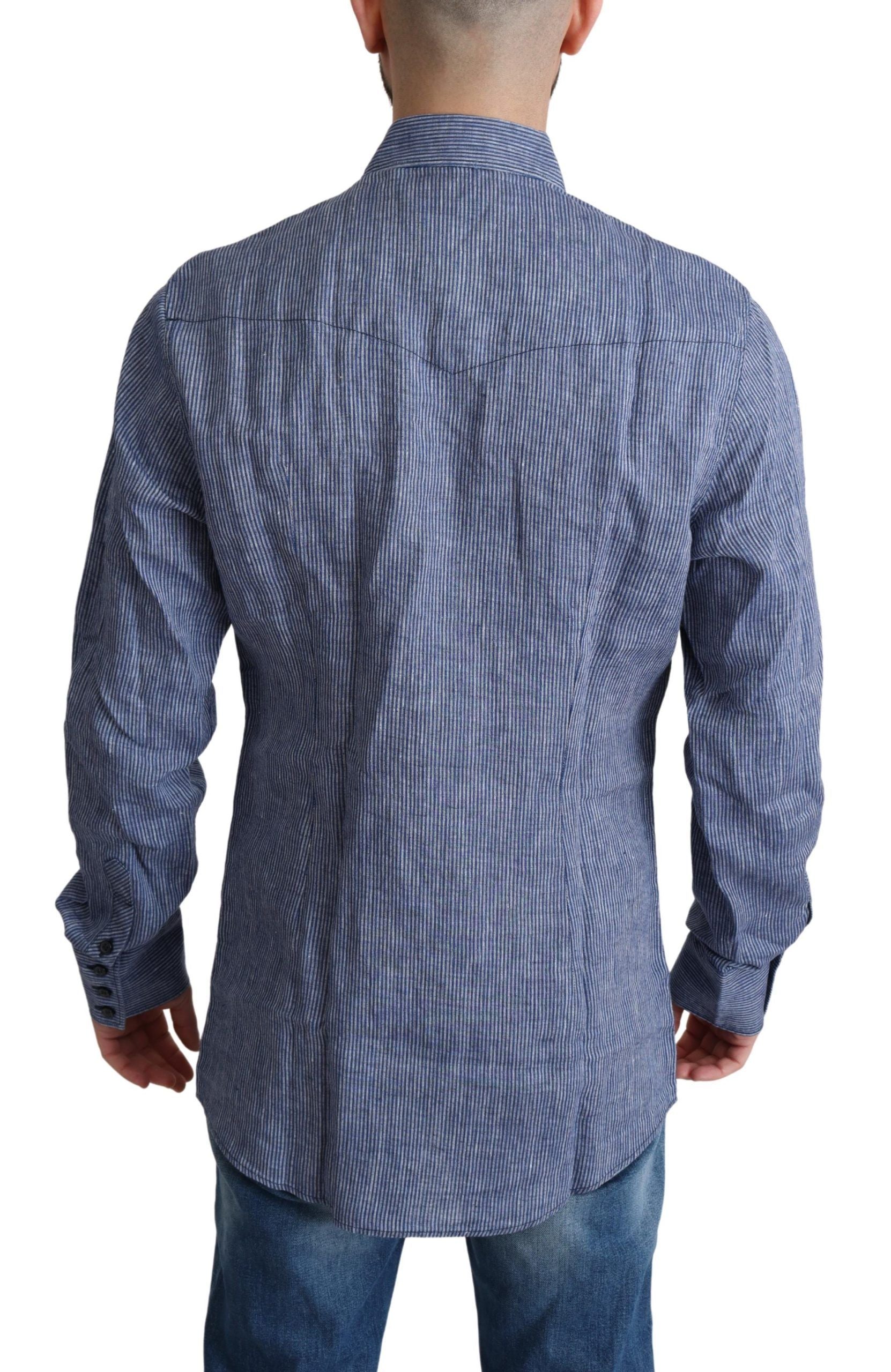 Blue striped men's casual button-down shirt by Dolce & Gabbana, featuring a classic collar and long sleeves.