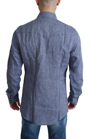 Blue striped men's casual button-down shirt by Dolce & Gabbana, featuring a classic collar and long sleeves.