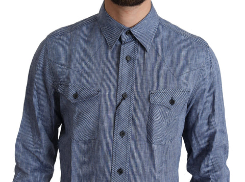 Blue striped men's casual button-down shirt by Dolce & Gabbana, featuring a classic collar and long sleeves.
