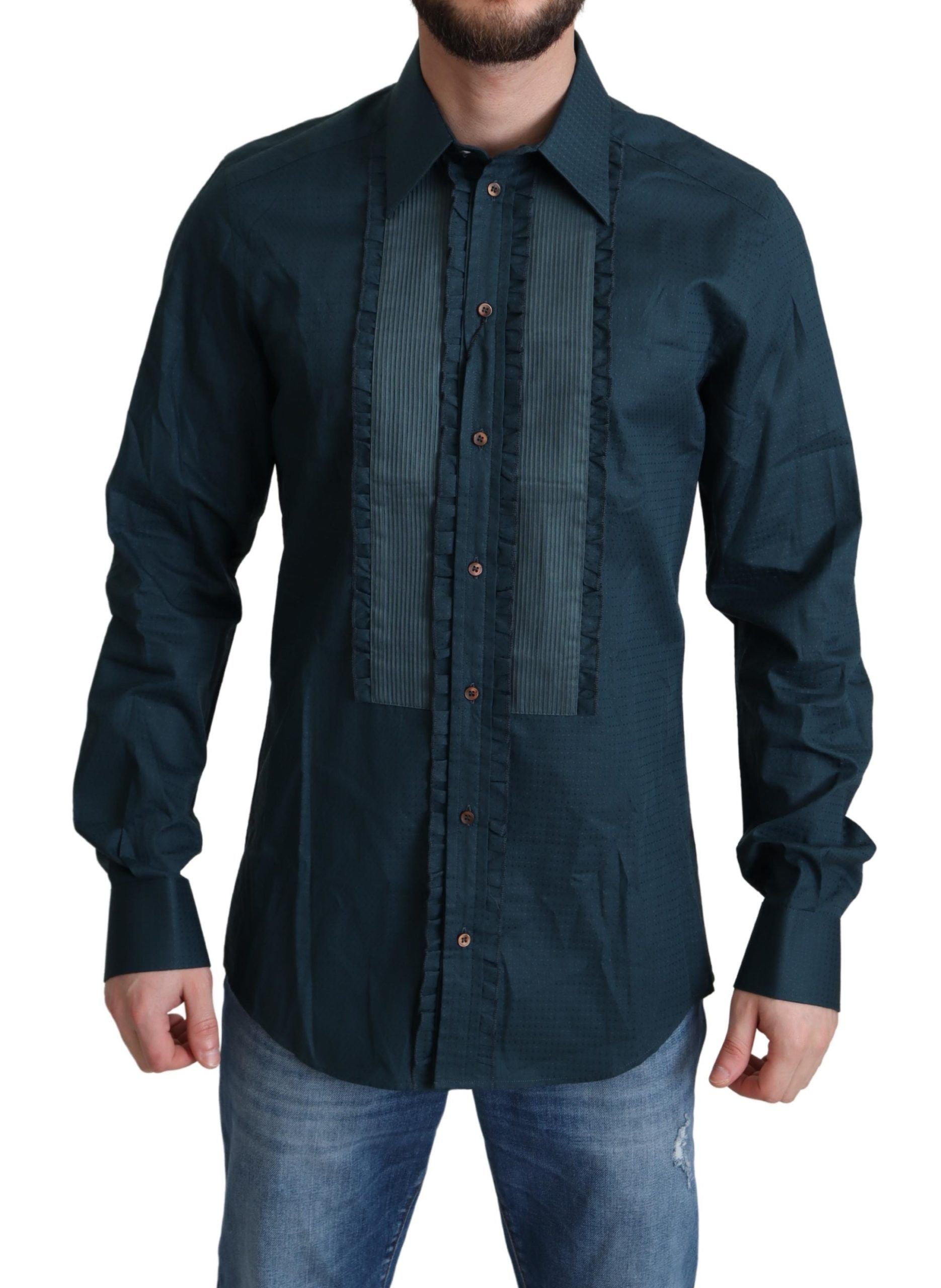 Blue cotton dress shirt with a formal placket from Dolce & Gabbana, shown on a hanger with detailed fabric texture.