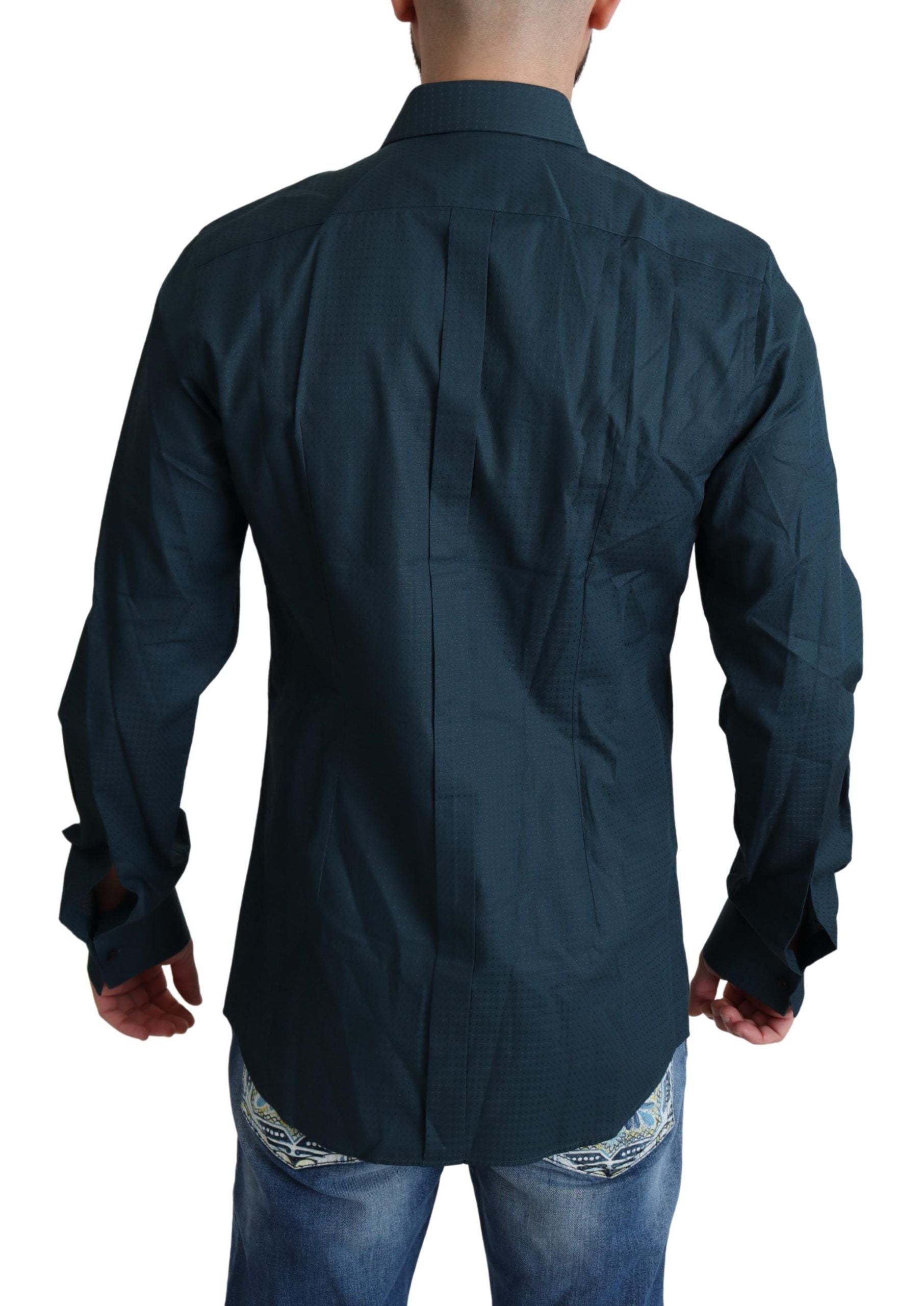 Blue placket cotton dress shirt by Dolce & Gabbana, formal men's shirt with button placket and crisp fabric.