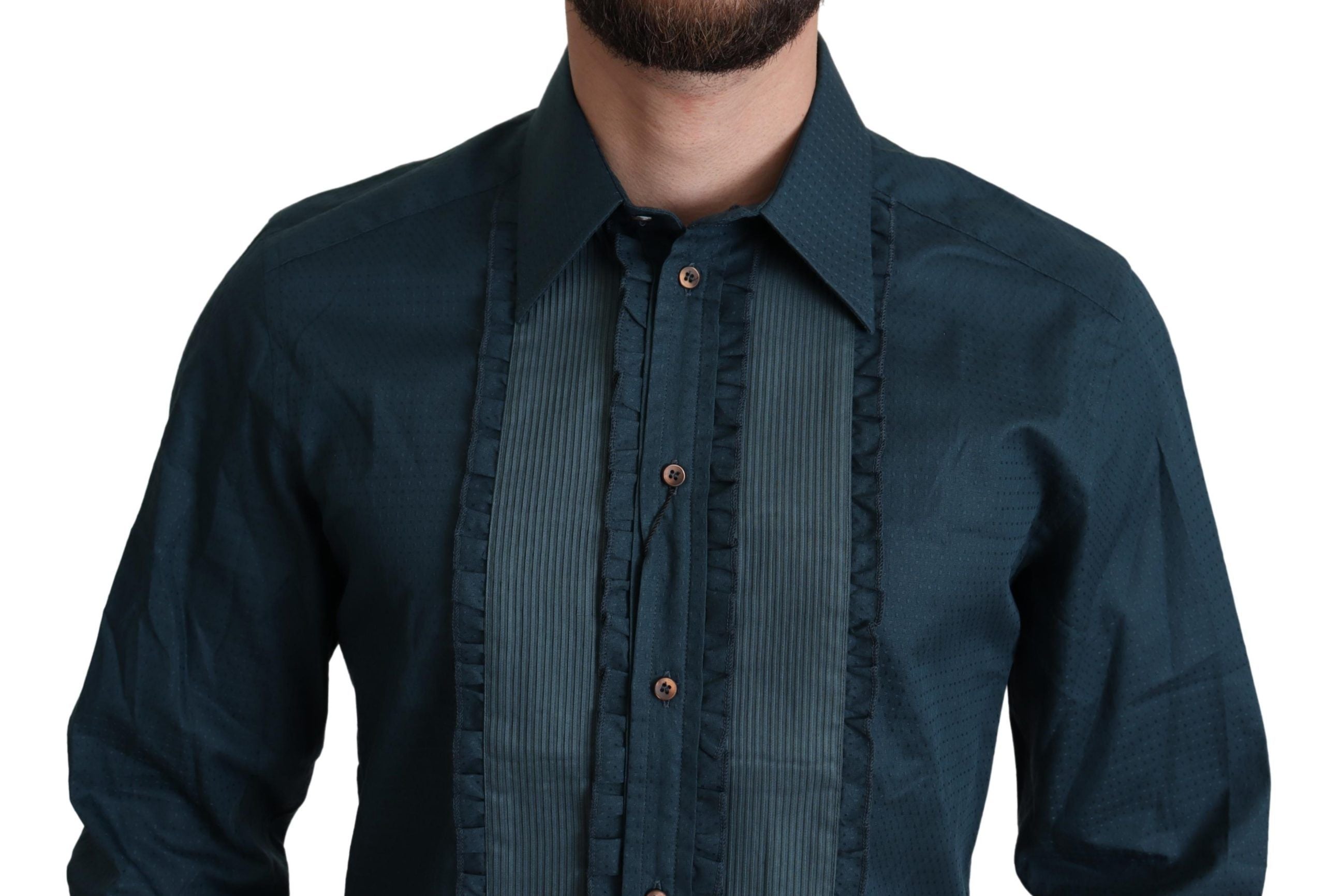Blue cotton formal dress shirt with placket detail by Dolce & Gabbana, shown on a hanger.