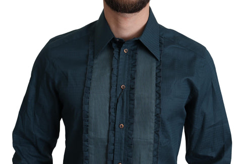 Blue cotton formal dress shirt with placket detail by Dolce & Gabbana, shown on a hanger.