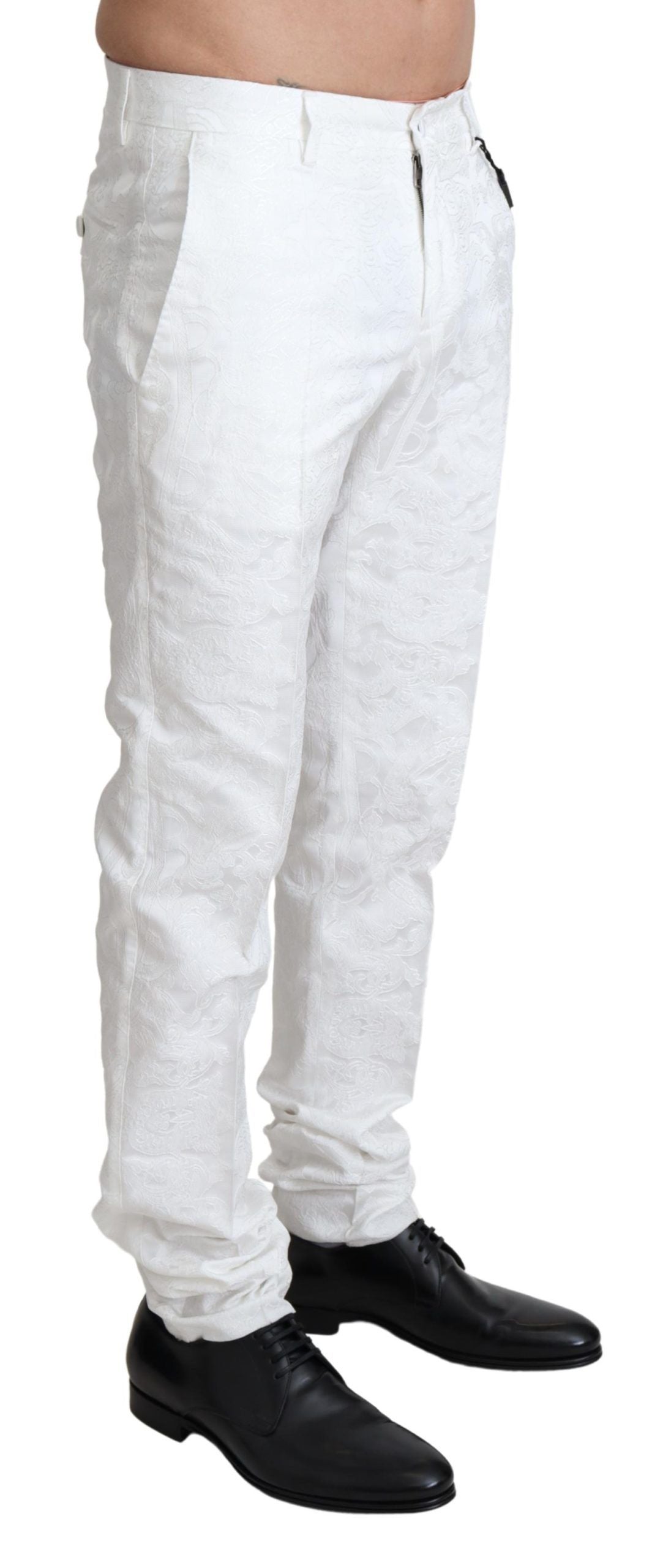 White brocade jacquard dress trouser pants by Dolce & Gabbana, featuring elegant woven fabric and tailored fit.