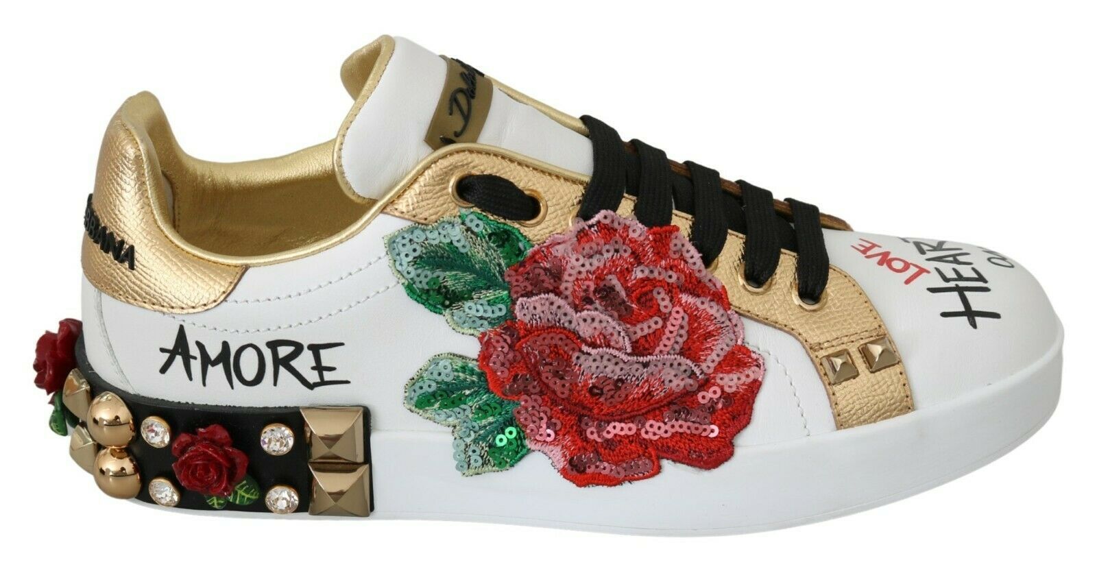 White roses sequined crystal women's sneakers by Dolce & Gabbana with floral details and sparkling embellishments.