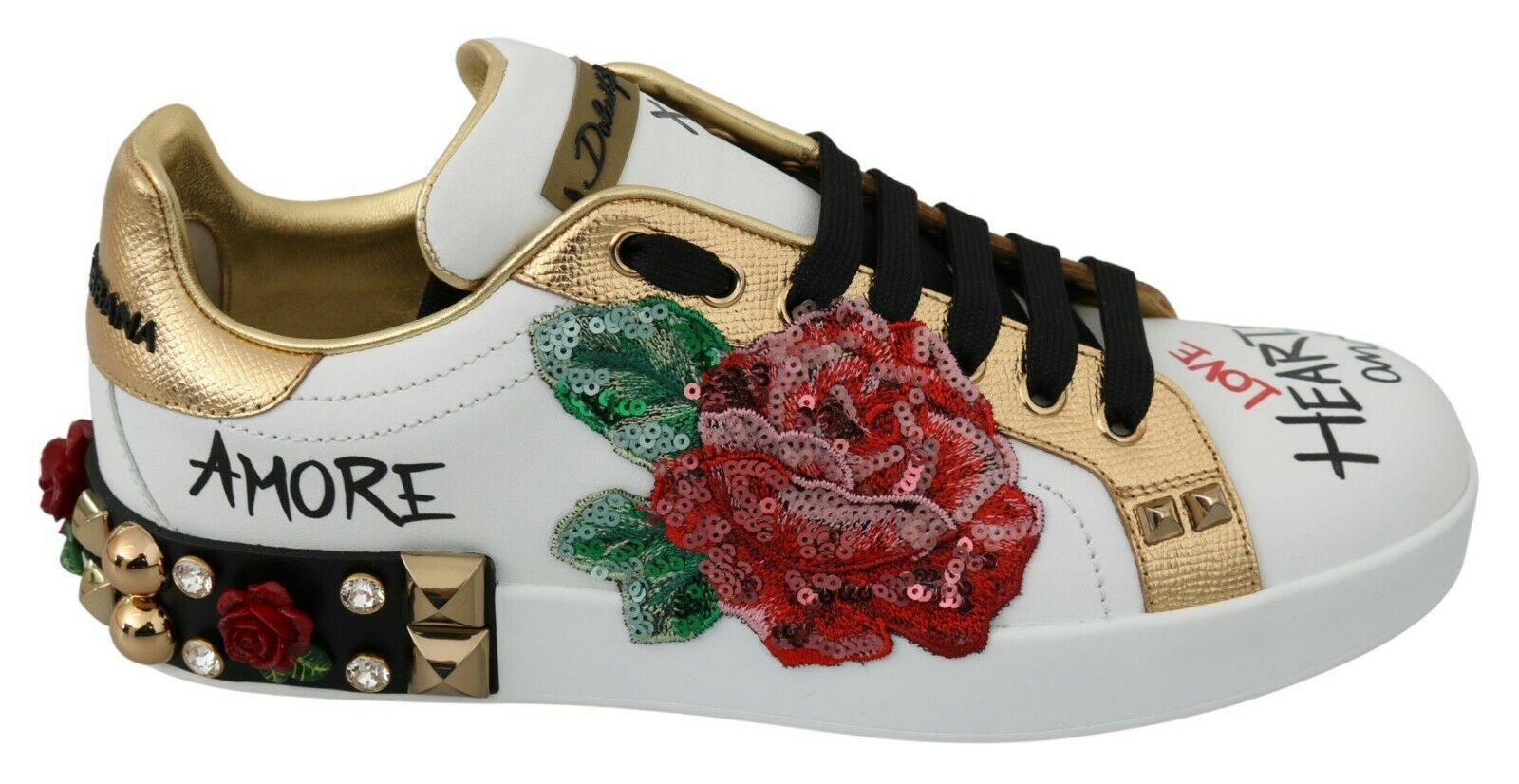 White roses sequined crystal Dolce & Gabbana women's sneakers with decorative floral design and sparkling embellishments.