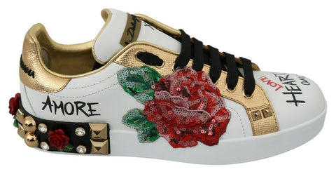 White roses sequined crystal Dolce & Gabbana women's sneakers with decorative floral design and sparkling embellishments.