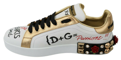 White roses sequined crystal Dolce & Gabbana women's sneakers with floral design and sparkling details, front view.