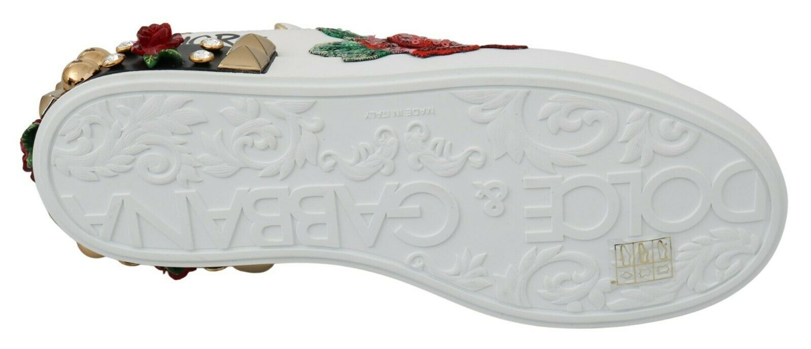 White sequined crystal Dolce & Gabbana women's sneakers with rose embellishments and stylish design.