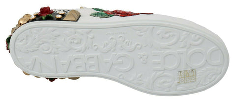 White sequined crystal Dolce & Gabbana women's sneakers with rose embellishments and stylish design.