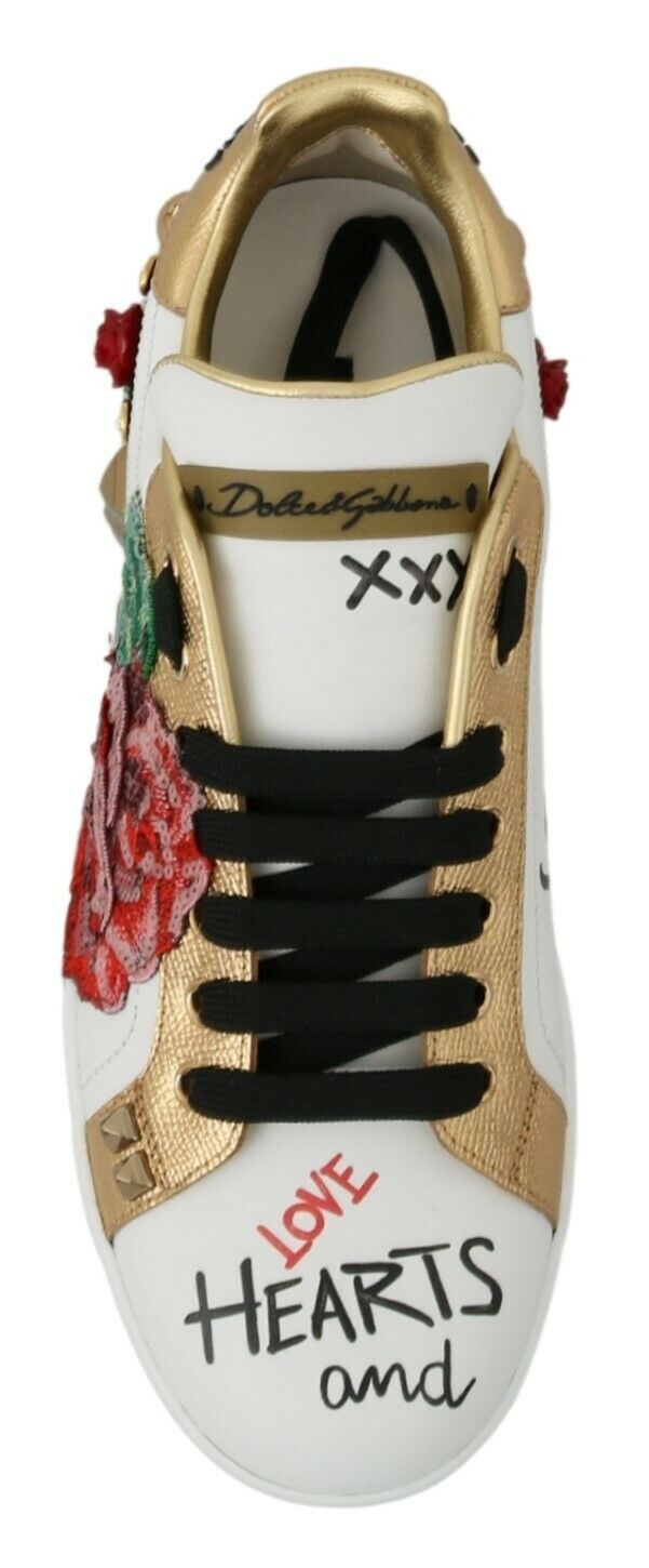 White roses sequined crystal women's sneakers by Dolce & Gabbana with floral embellishments and sparkling accents.