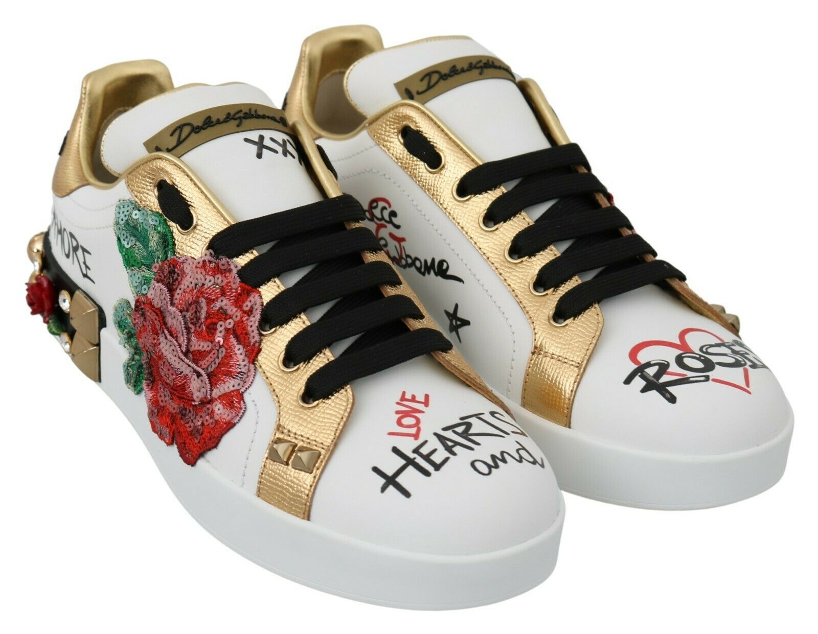 White roses sequined crystal women's sneakers by Dolce & Gabbana with floral embellishments and sparkling details.
