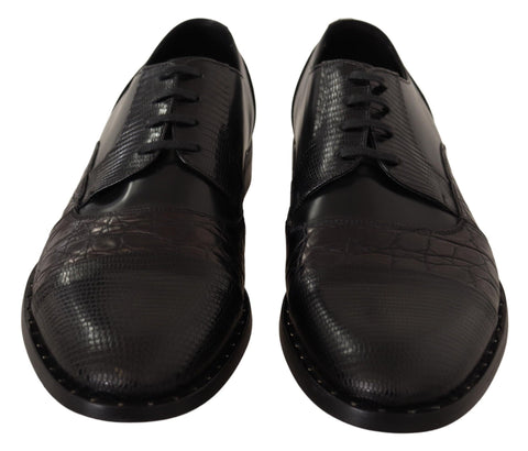 Black leather formal shoes with exotic skin details by Dolce & Gabbana, showcasing sleek design and luxurious texture.