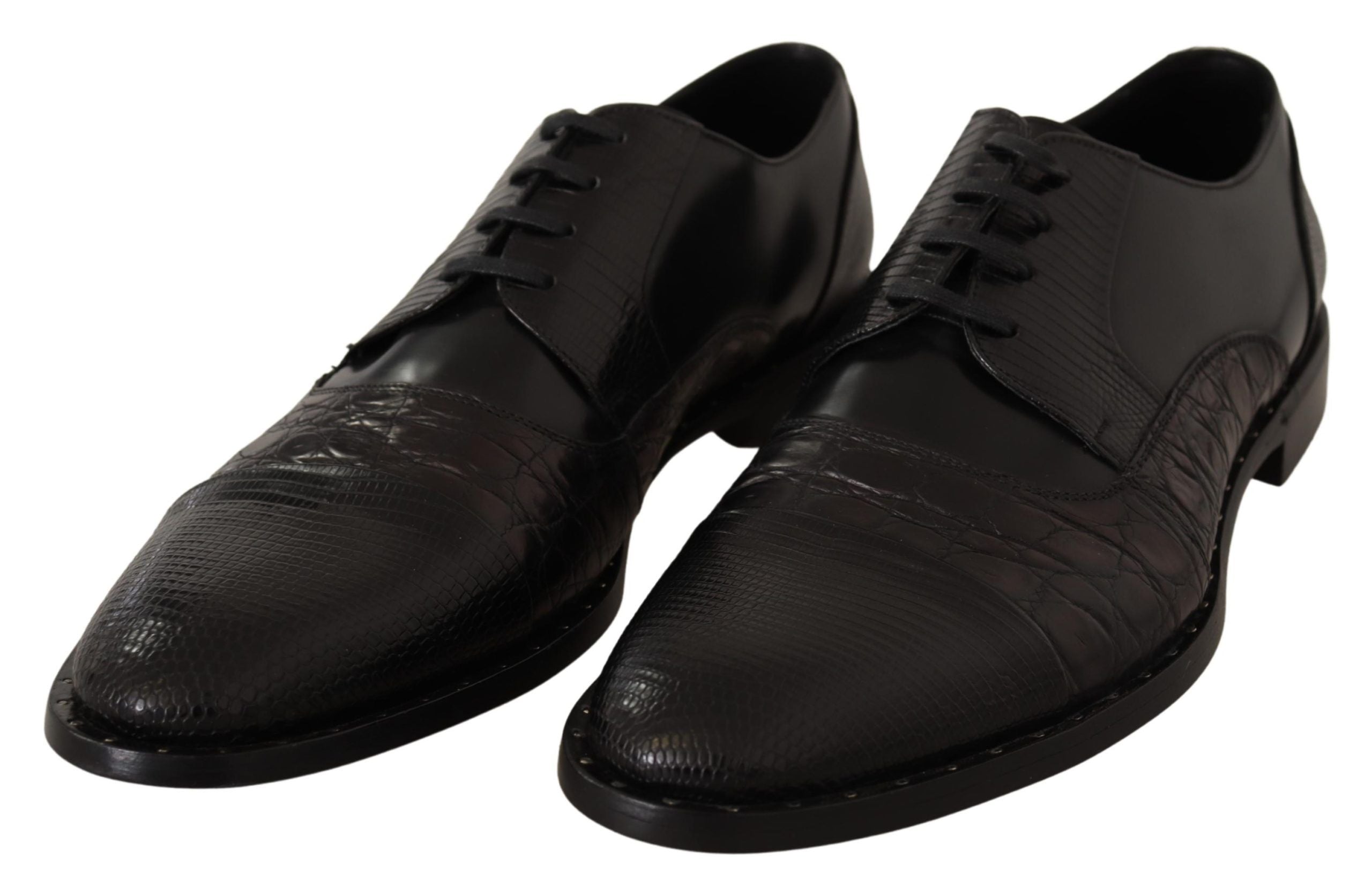 Black leather exotic skins formal shoes by Dolce & Gabbana, showcasing sleek design and textured finish.