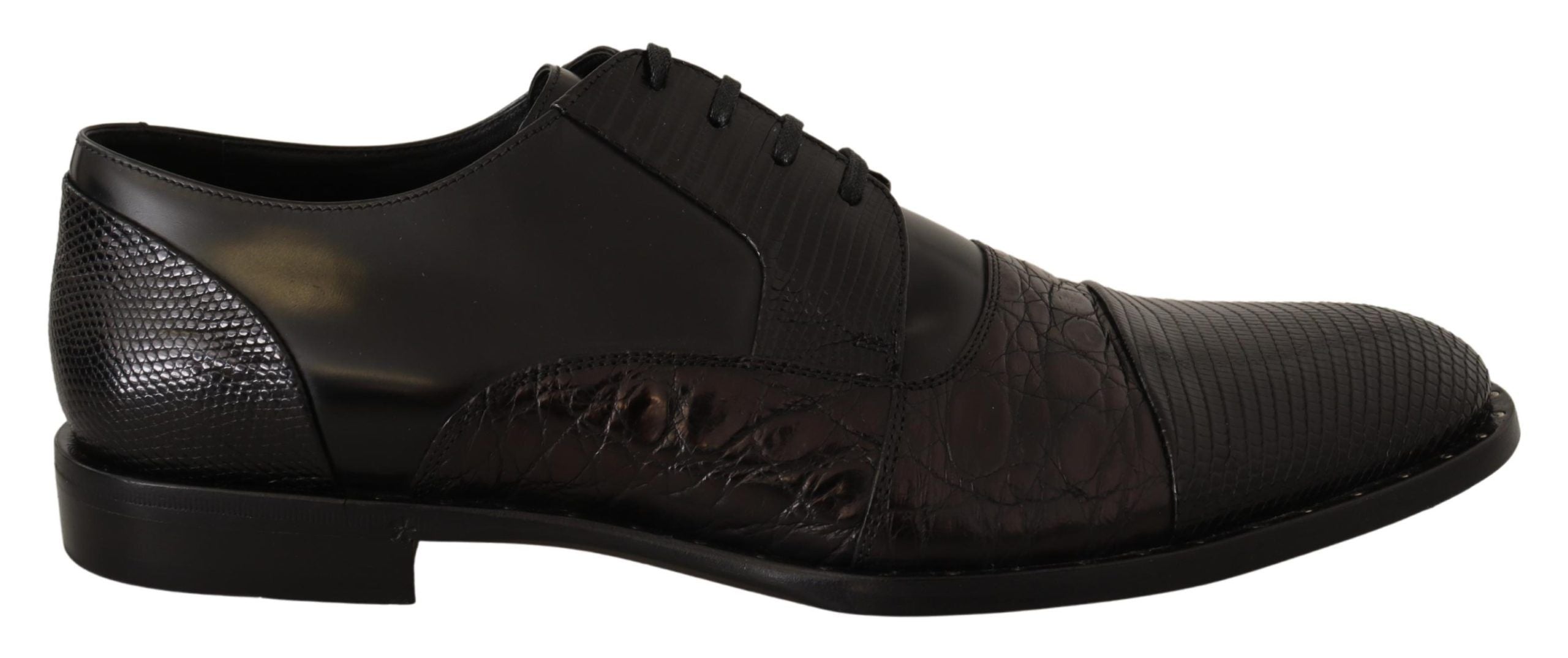 Black leather exotic skins formal shoes by Dolce & Gabbana, featuring polished leather and elegant design details.