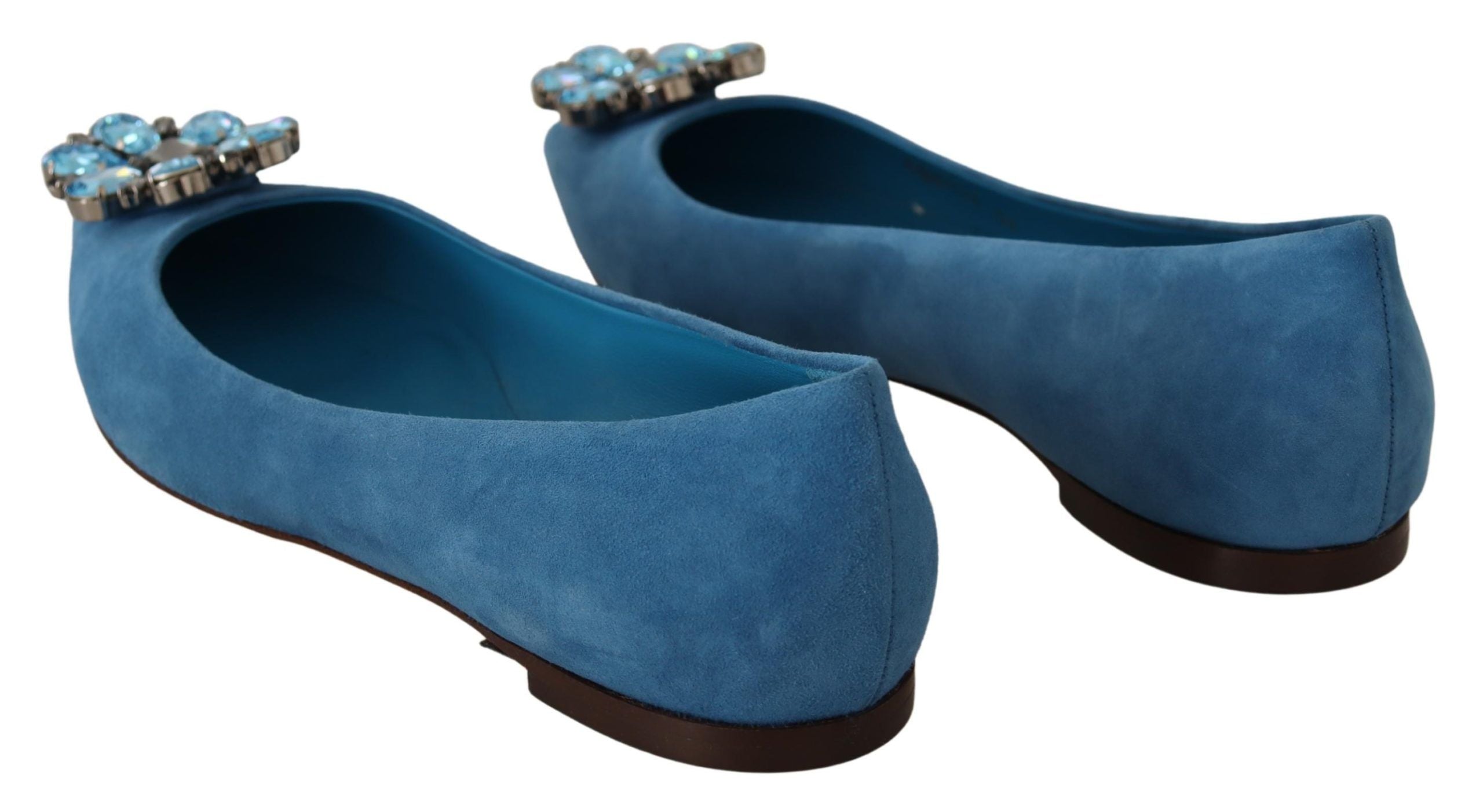 Blue suede Dolce & Gabbana loafers with crystal embellishments, flat slip-on shoes for stylish comfort.