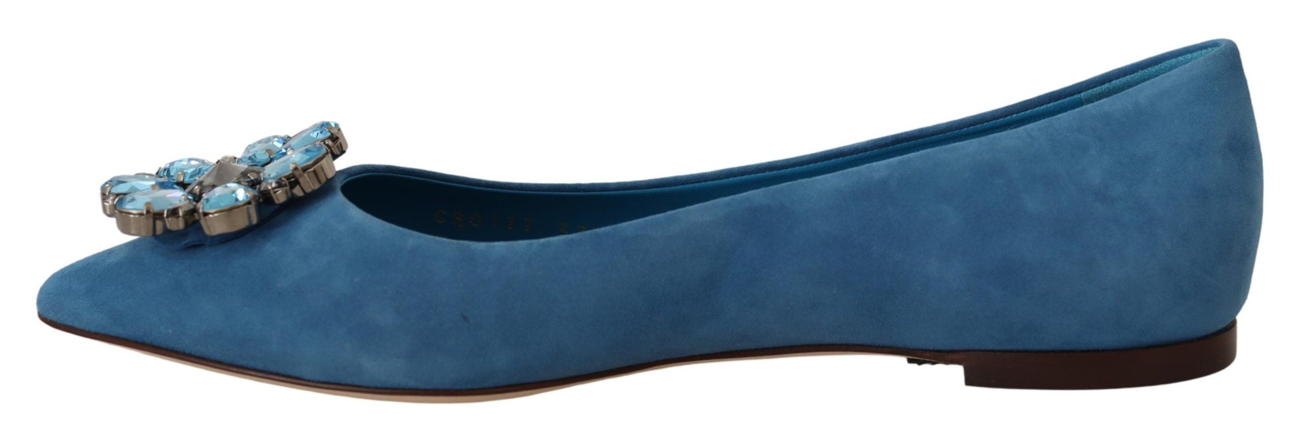 Blue suede Dolce & Gabbana loafers with crystal embellishments, slip-on flats, stylish and luxurious footwear.