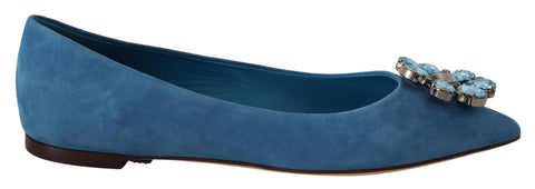 Blue suede Dolce & Gabbana loafers with crystal embellishments, flat shoes featuring a sleek slip-on design.
