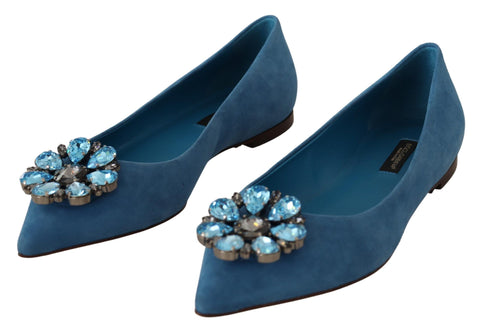 Blue suede Dolce & Gabbana loafers with crystal embellishments, flat slip-on shoes, stylish and comfortable footwear.