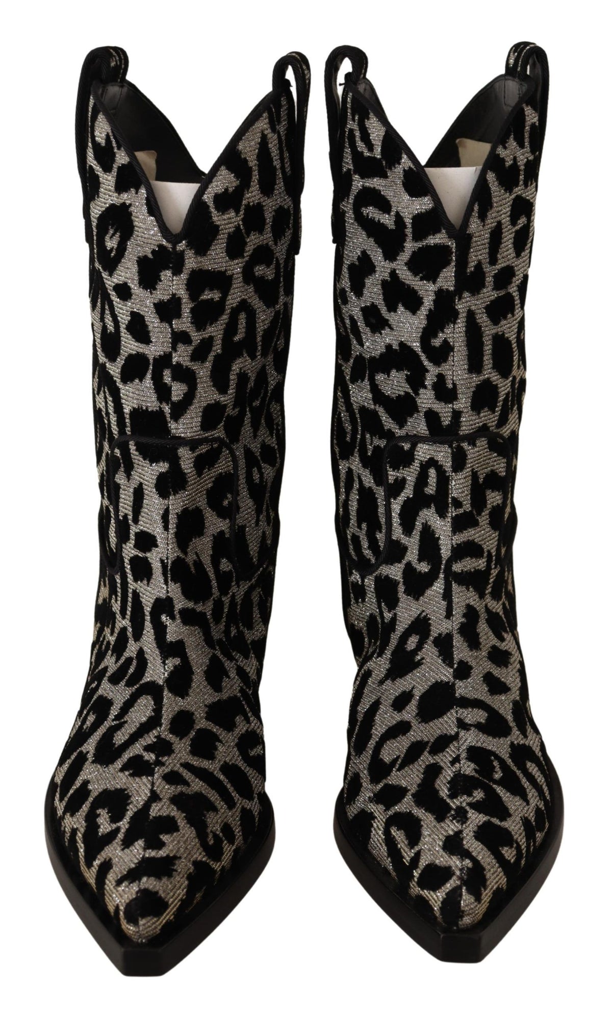 Gray and black leopard print cowboy boots by Dolce & Gabbana with pointed toes and Western-style design.