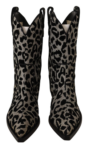 Gray and black leopard print cowboy boots by Dolce & Gabbana with pointed toes and Western-style design.