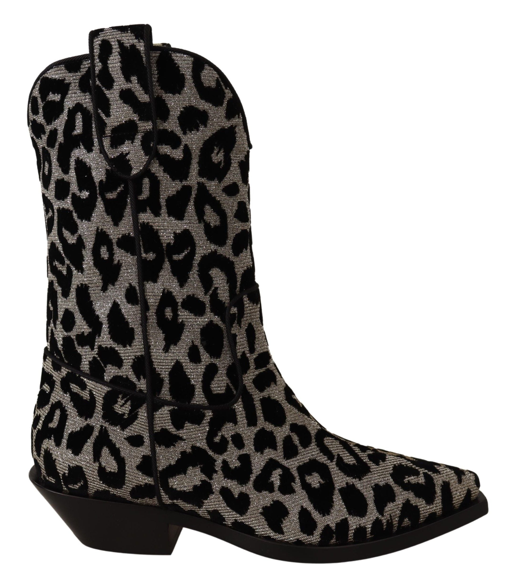 Gray and black leopard print cowboy boots by Dolce & Gabbana featuring pointed toes and western-style design.