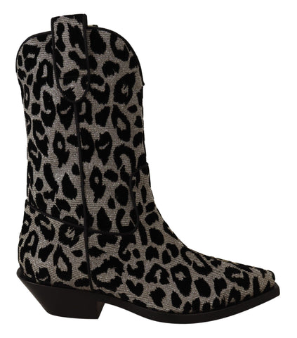 Gray and black leopard print cowboy boots by Dolce & Gabbana featuring pointed toes and western-style design.