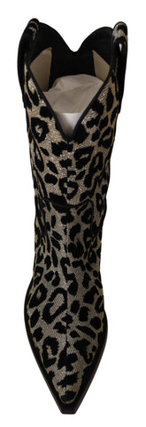 Gray and black leopard print cowboy boots by Dolce & Gabbana with pointed toes and Western-style heels.