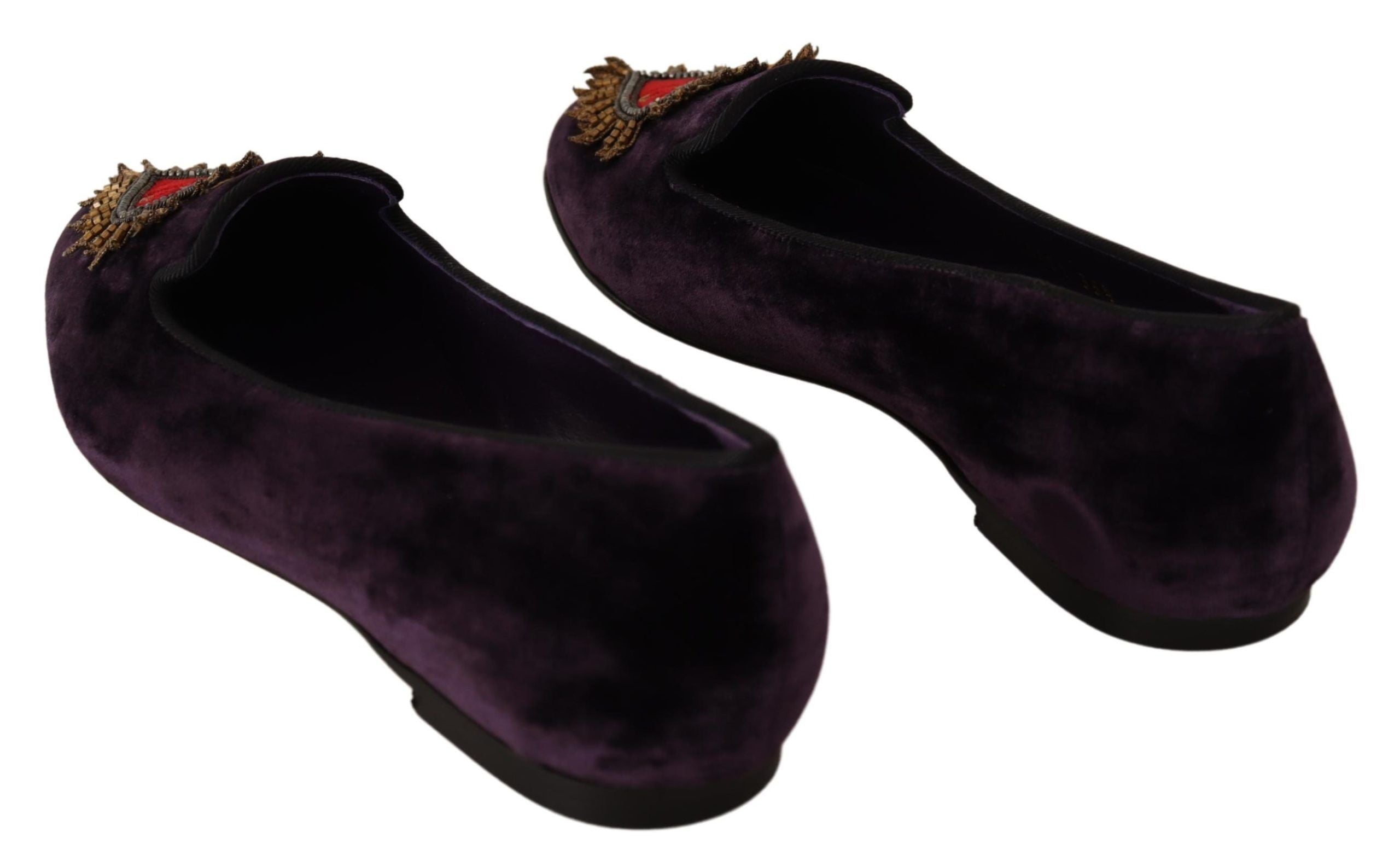 Purple velvet Dolce & Gabbana heart loafers flats shoes displayed on a neutral background