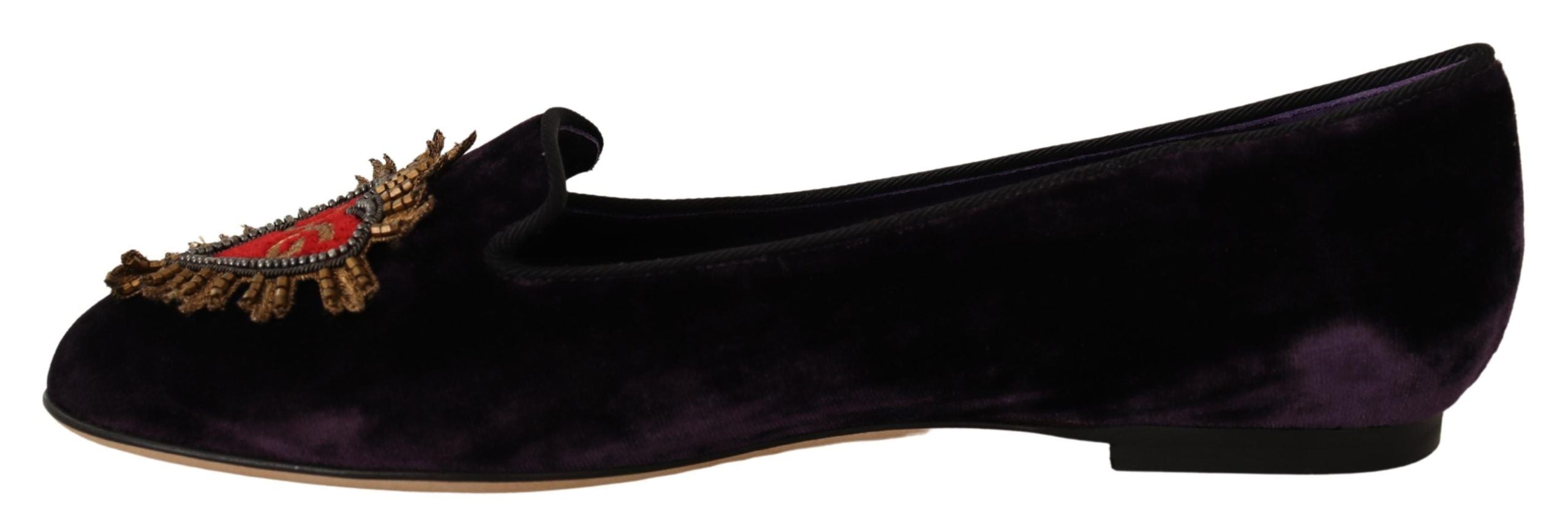 Purple velvet Dolce & Gabbana DG Heart loafers flats shoes, featuring a stylish heart detail on the toe, with a classic slip-on design.