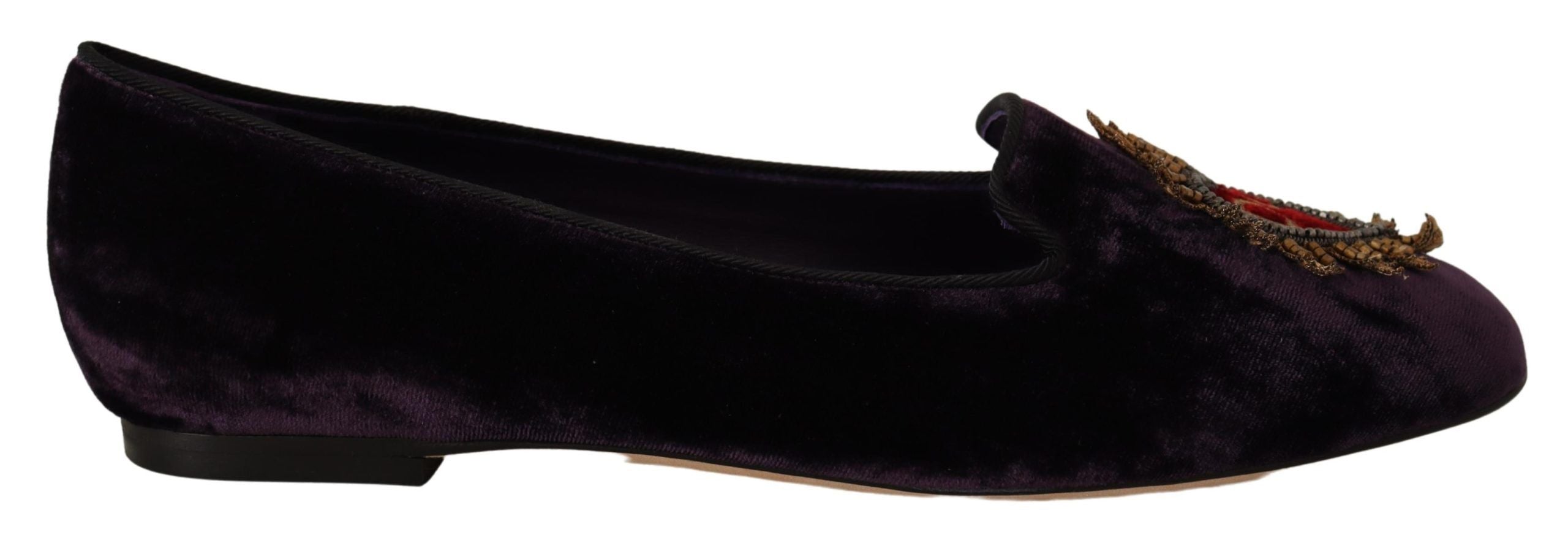 Purple velvet Dolce & Gabbana heart loafers flats shoes with a stylish design and branded detailing.