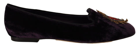 Purple velvet Dolce & Gabbana heart loafers flats shoes with a stylish design and branded detailing.