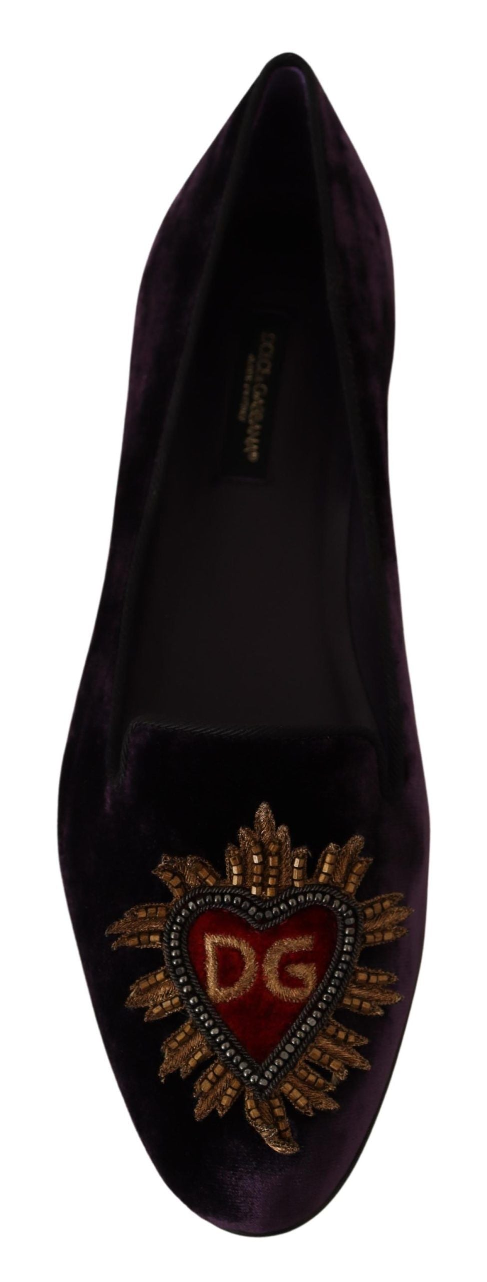 Purple velvet Dolce & Gabbana heart loafers flats shoes with a sleek design and comfortable slip-on style.