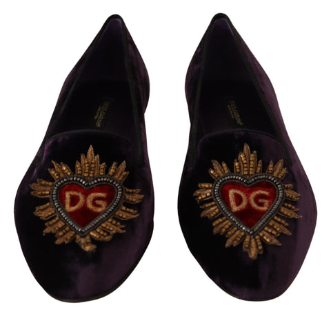 Purple velvet Dolce & Gabbana Heart Loafers flats shoes with a stylish design and comfortable slip-on style.
