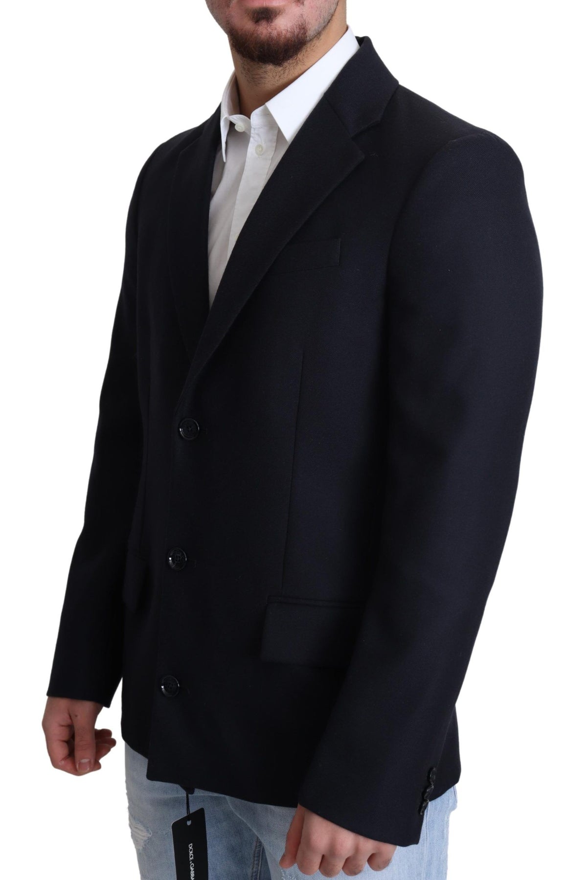 Dark blue wool single-breasted coat jacket by Dolce & Gabbana, showing tailored fit and classic lapel design.