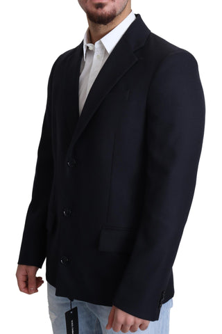 Dark blue wool single-breasted coat jacket by Dolce & Gabbana, showing tailored fit and classic lapel design.