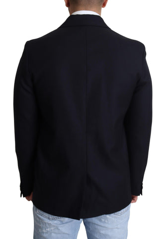 Dark blue wool single-breasted coat jacket by Dolce & Gabbana, showing tailored fit and classic design.