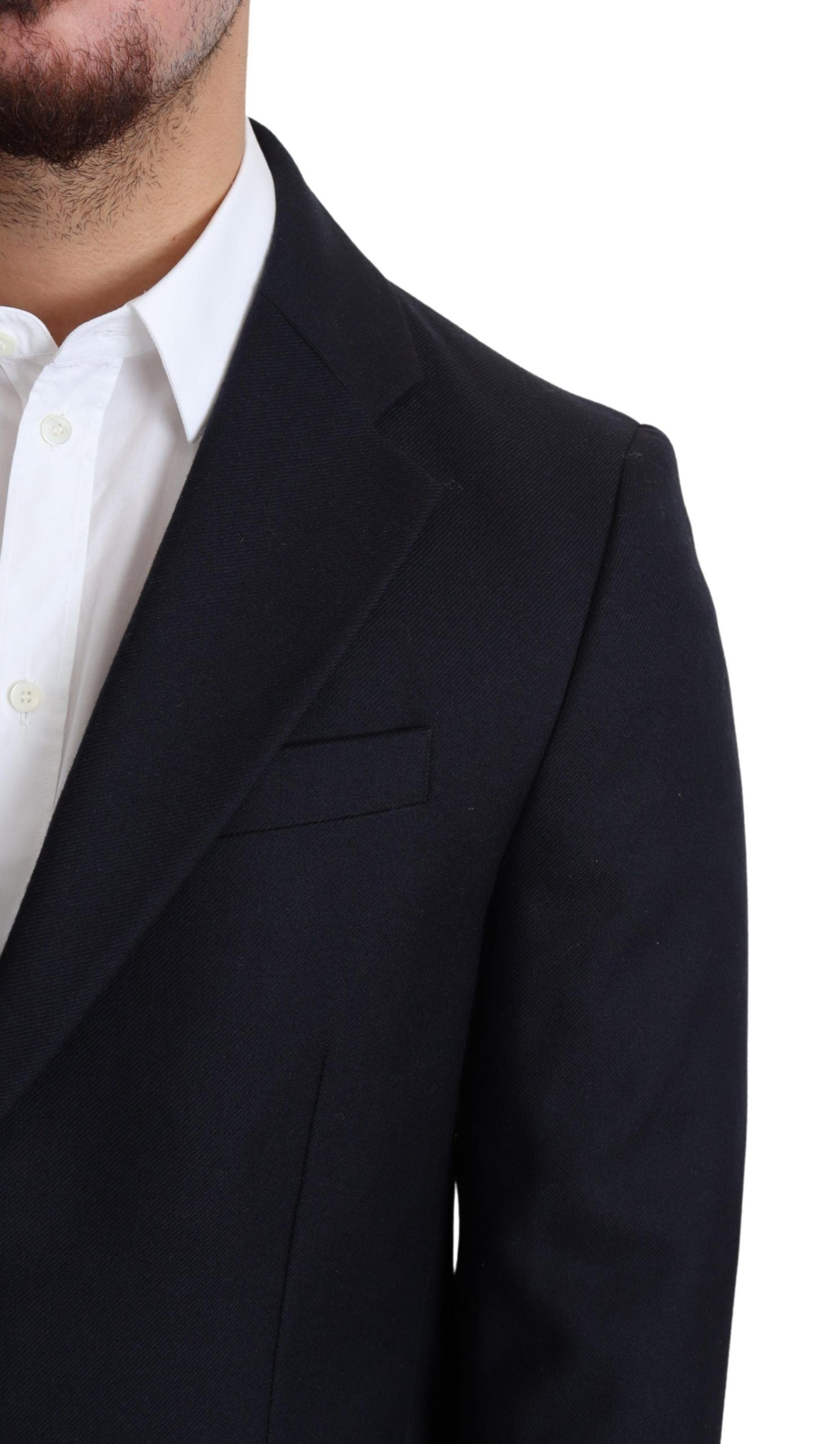 Dark blue wool single-breasted coat jacket by Dolce & Gabbana, showcasing tailored fit and classic lapel design.