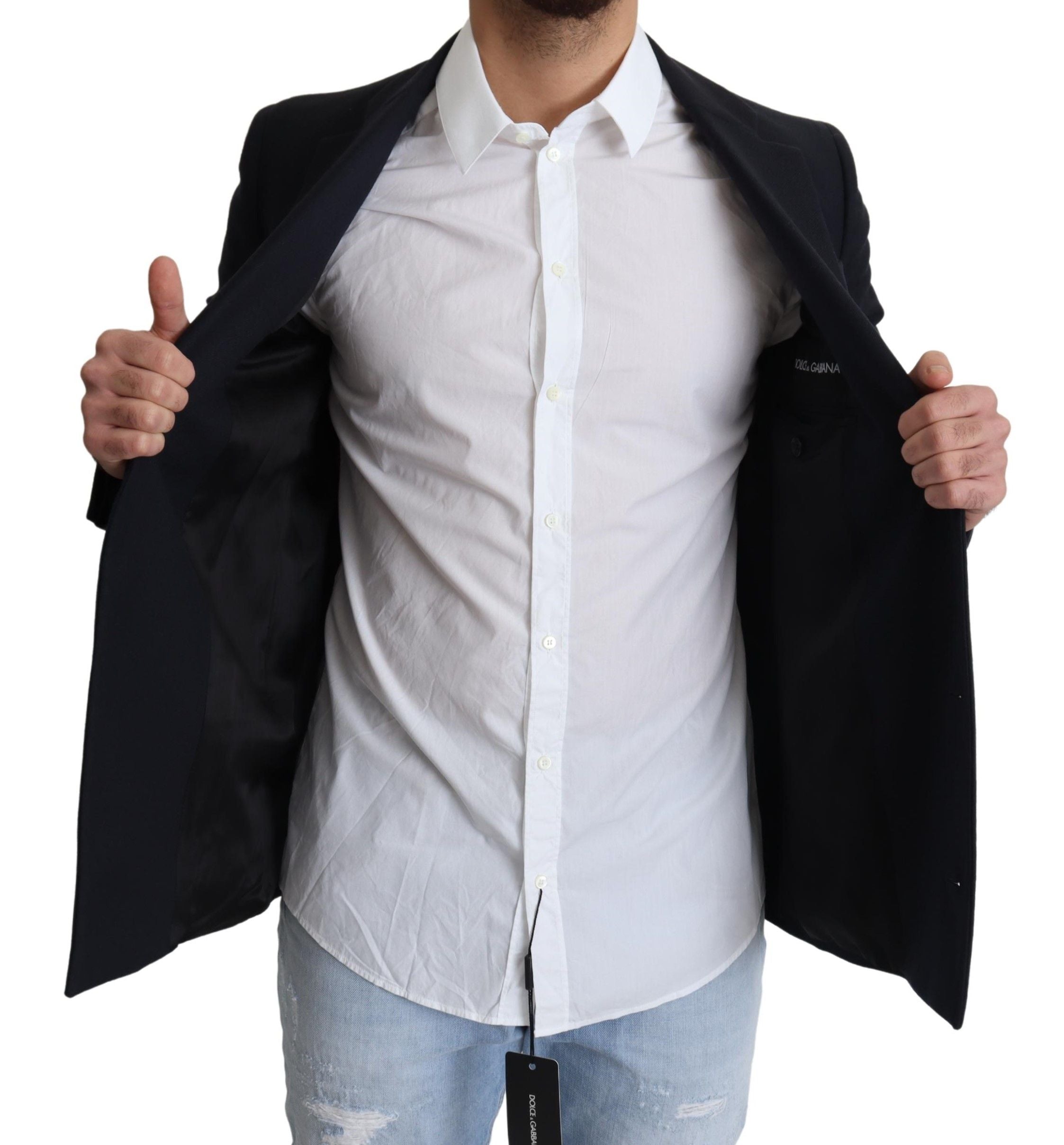 Dark blue wool single-breasted coat jacket by Dolce & Gabbana, showcasing its tailored fit and classic design.