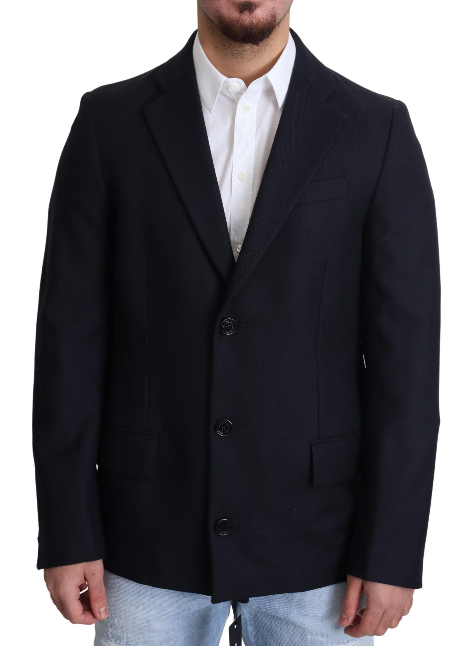 Dark blue wool single-breasted coat jacket by Dolce & Gabbana, showing the tailored design and classic lapel details.