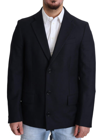 Dark blue wool single-breasted coat jacket by Dolce & Gabbana, showing the tailored design and classic lapel details.