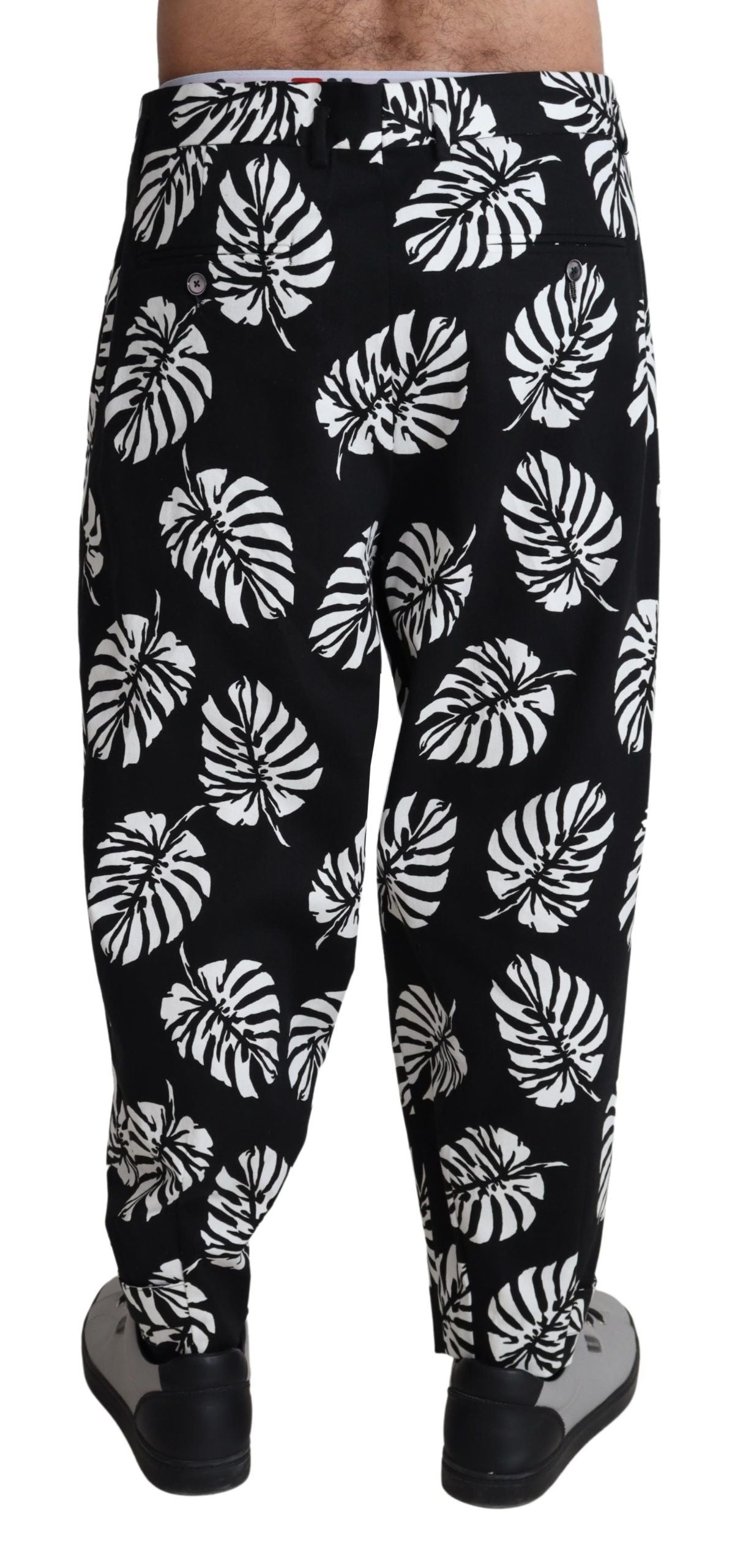 Black Leaf Cotton Stretch Trouser Pants by Dolce & Gabbana, slim-fit with a modern design and tailored look.