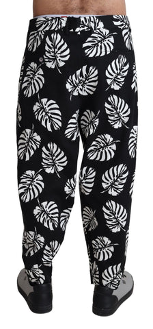 Black Leaf Cotton Stretch Trouser Pants by Dolce & Gabbana, slim-fit with a modern design and tailored look.