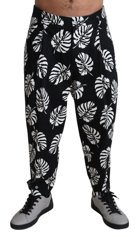 Black Leaf Cotton Stretch Trouser Pants by Dolce & Gabbana, showing the stylish slim-fit design and tailored waistband.