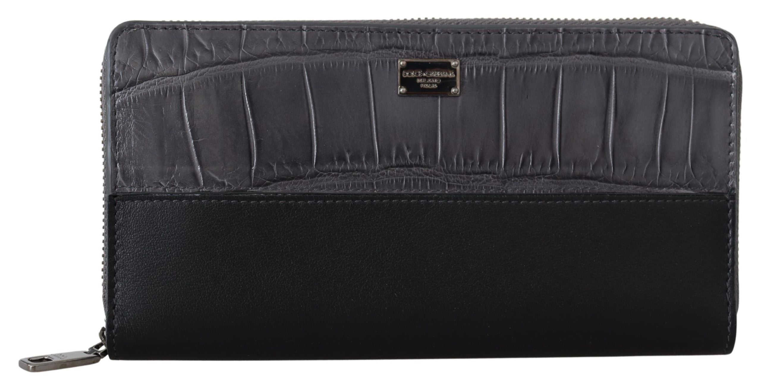 Black zip-around leather clutch wallet by Dolce & Gabbana, featuring a sleek, compact design with multiple card slots and a zip closure.