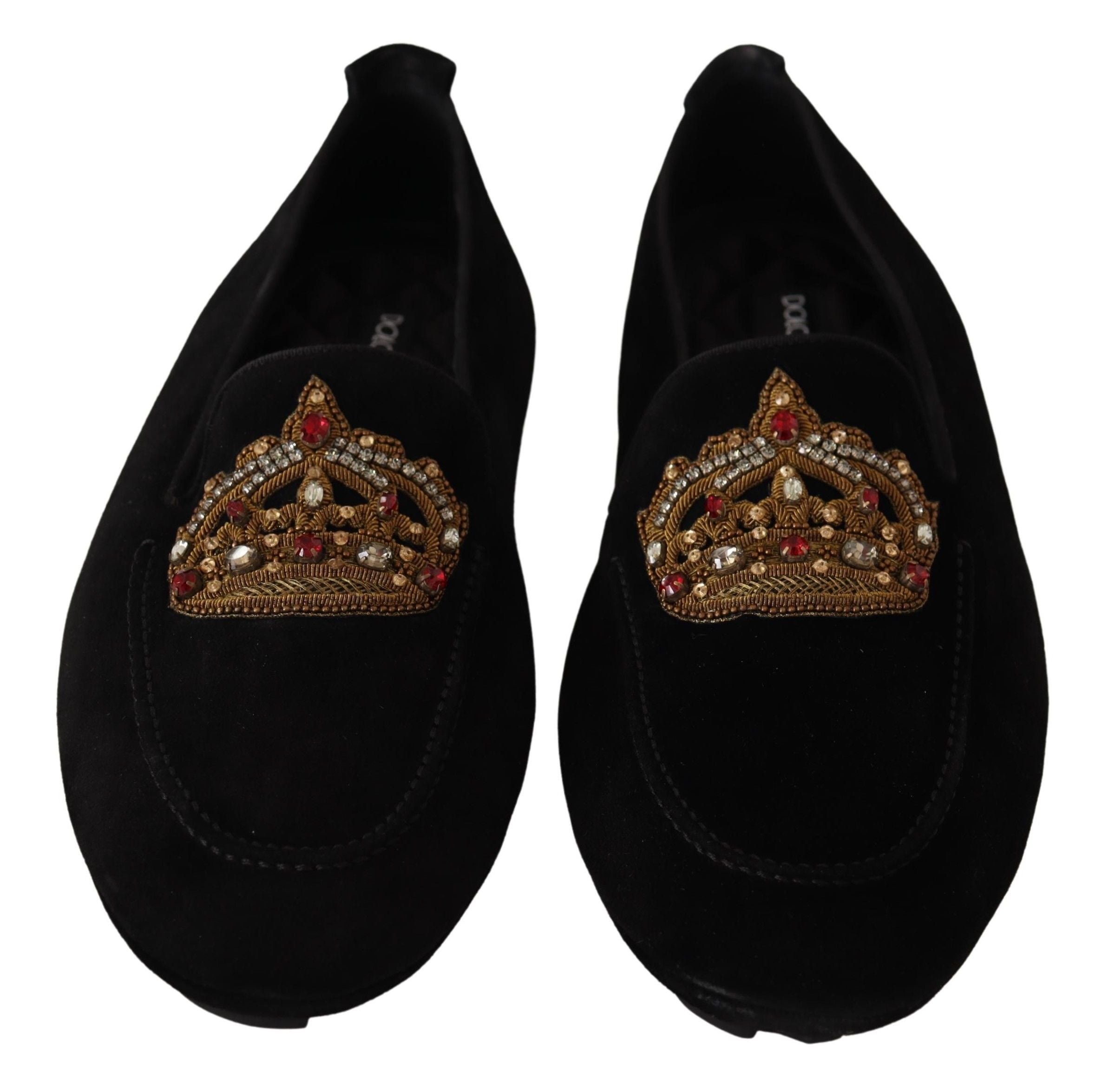 Black leather crystal-embellished gold crown loafers from Dolce & Gabbana with sleek design and stylish detailing.
