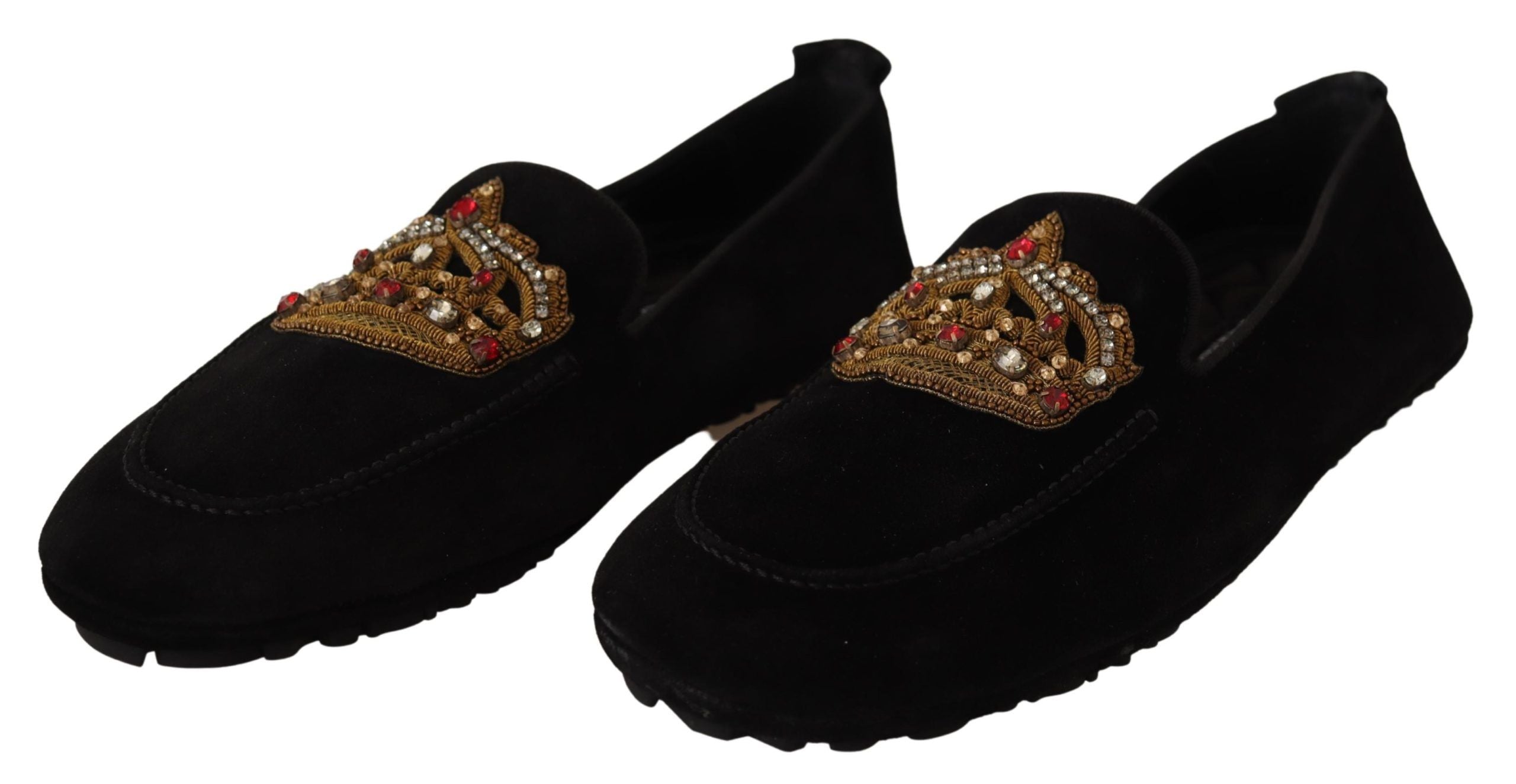 Dolce & Gabbana black leather loafers with crystal embellishments and gold crown details, stylish men's dress shoes