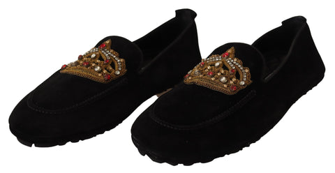 Dolce & Gabbana black leather loafers with crystal embellishments and gold crown details, stylish men's dress shoes