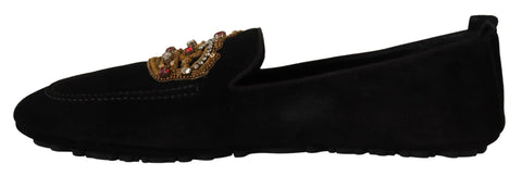 Black leather crystal and gold crown loafers by Dolce & Gabbana, showcasing elegant detailing and classic slip-on design.