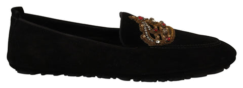 Dolce & Gabbana black leather loafers with crystal accents and gold crown embellishments, stylish men's shoes.